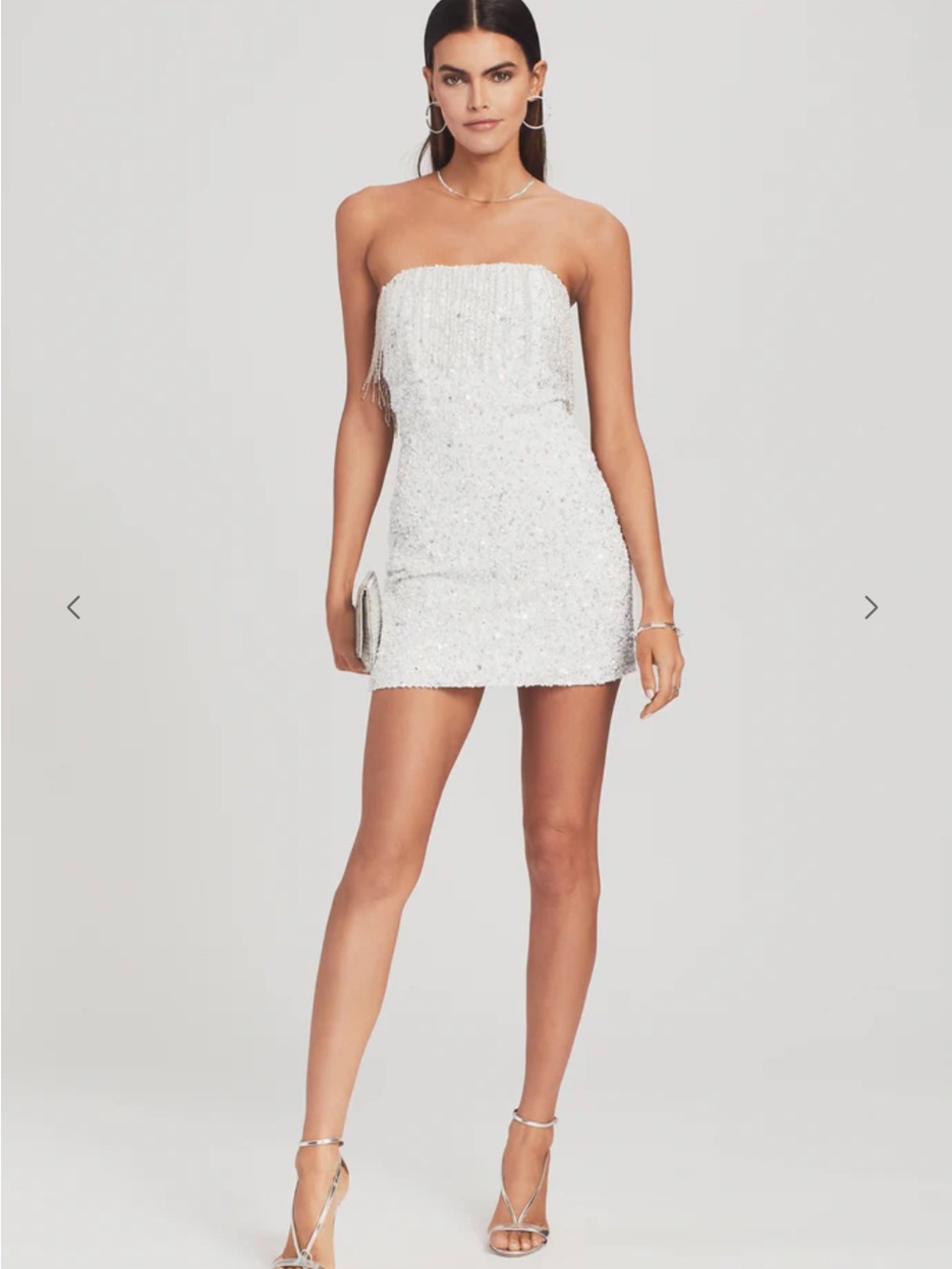 Retrofete White Strapless Sequin Fringe Mini Dress